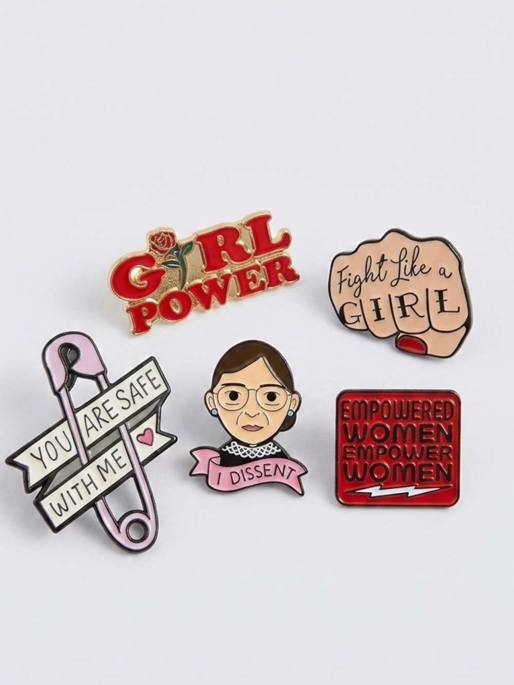 Feminist Enamel Pin Set of 5 RBG Girl Power You Are Safe With Me Lapel Brooch